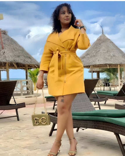 Yellow belted wrap trench coat with 3/4 sleeves and front tie