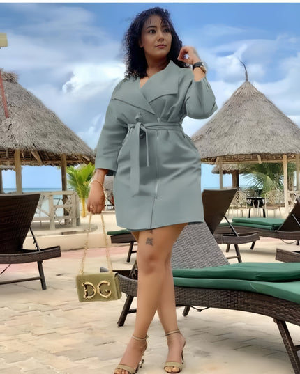 Mint-green belted wrap trench coat with 3/4 sleeves and front tie