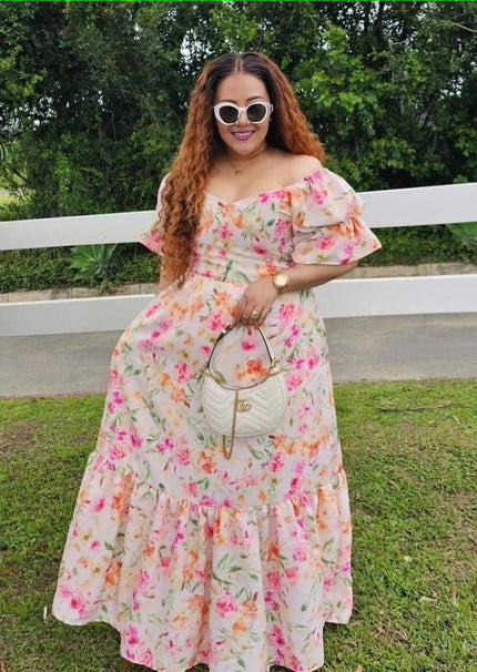 Floral puff-sleeve maxi dress with tiered skirt, pink and green