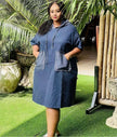 Denim blue loose hooded dress with drawstring hood and two front patch pockets