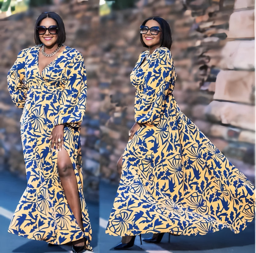 Blue patterned V-neck maxi dress, high waist, side slit, long sleeves