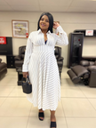 Striped Long Sleeve A-Line Dress, Turn-Down Collar, Front Opening, High Waistline