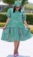 Plus size puff sleeve geometric dress in green with tiered ruffle skirt