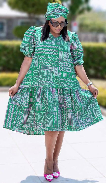 Plus size puff sleeve geometric dress in green with tiered ruffle skirt