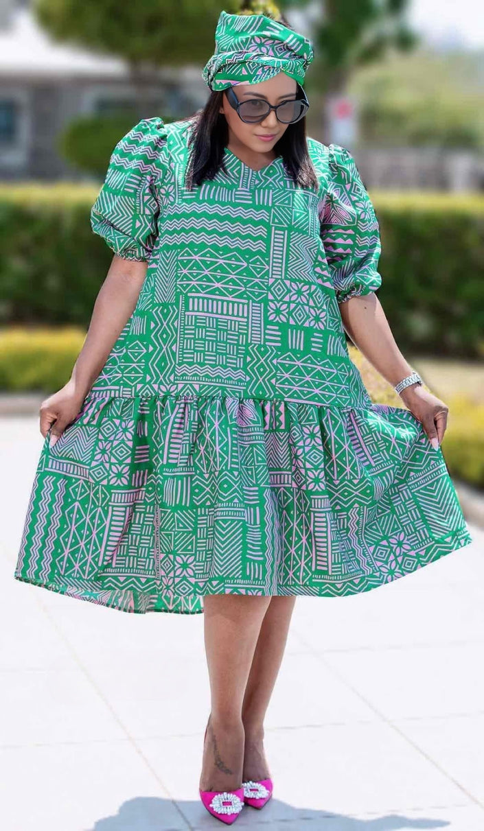 Plus size puff sleeve geometric dress in green with tiered ruffle skirt