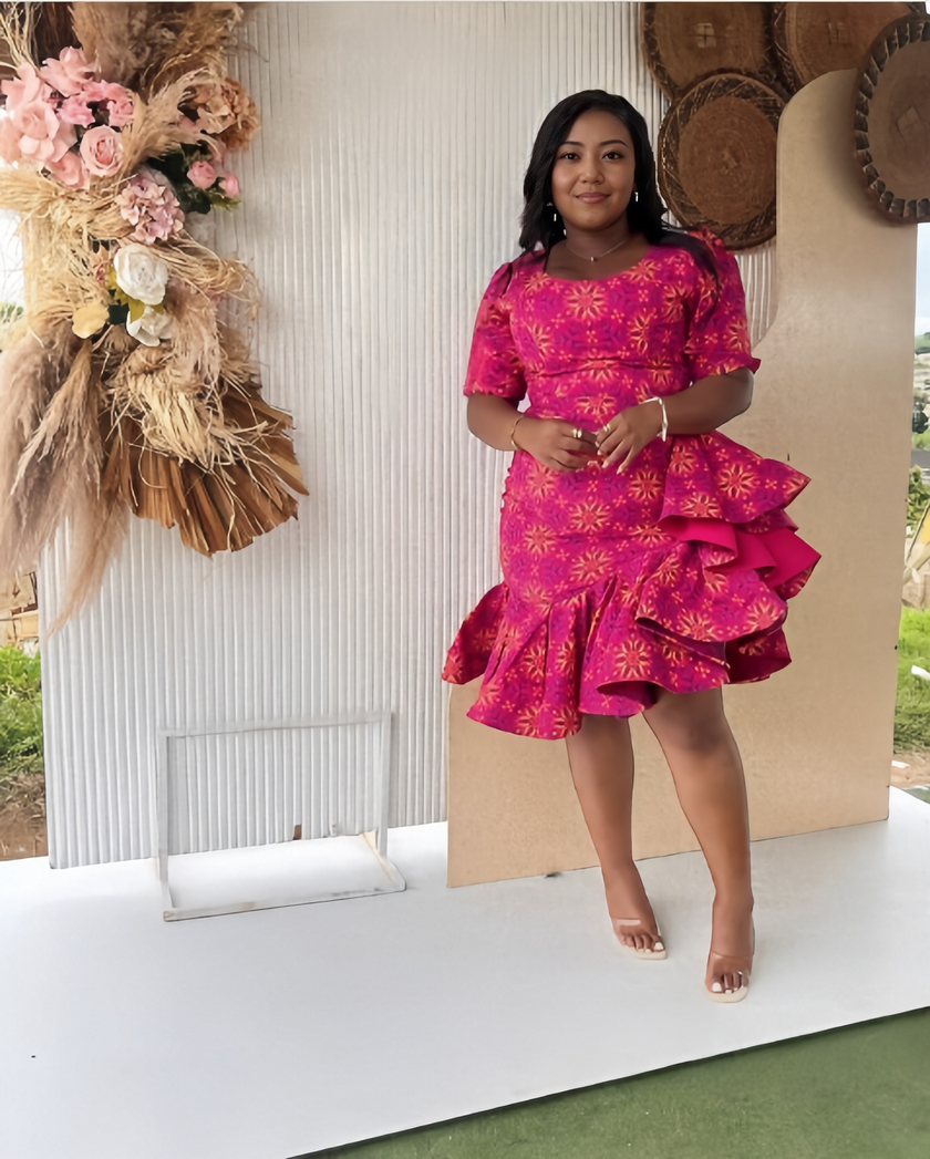 Women's Traditional Print Ruffle Short Sleeve Dress