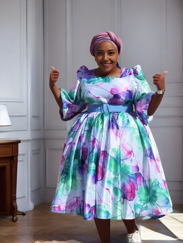 Green, pink & purple floral midi dress with ruffle hem and puff sleeves