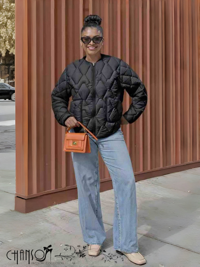 Black collarless quilted jacket, full zip front and diamond-quilt pattern