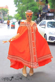 Orange-red maxi cape dress flared skirt with vertical stripes, decorative buttons, border hem