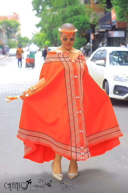 Orange-red maxi cape dress flared skirt with vertical stripes, decorative buttons, border hem