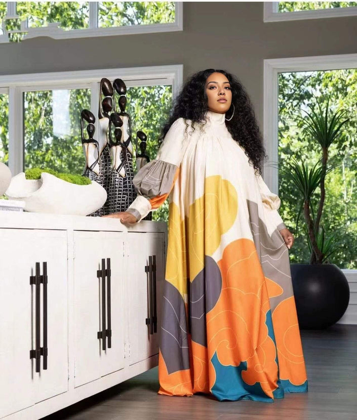 Geometric maxi dress with puff sleeves and loose fit, long sleeves, multicolor print