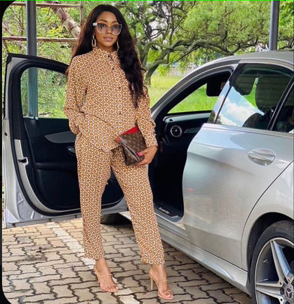 Geometric print long-sleeve matching set with pants, tan and cream pattern
