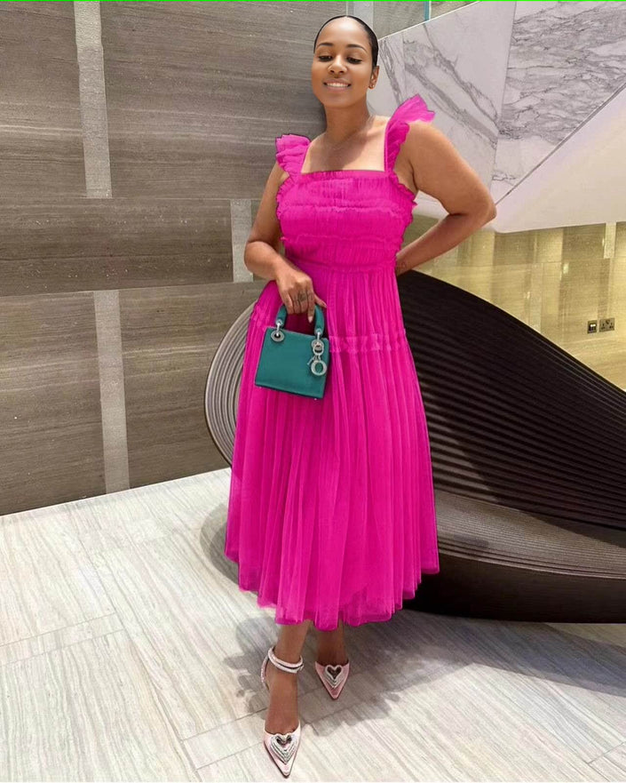 Hot-pink sleeveless tiered ruffle midi dress with ruffle-trim square neckline