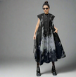 Pleated midi dress with abstract black-and-gray print, sleeveless button front and flared skirt