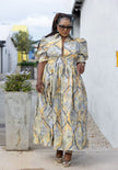Elegant Women's Maxi Dress with Geometric Pattern and Puff Sleeves
