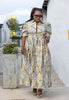 Elegant Women's Maxi Dress with Geometric Pattern and Puff Sleeves