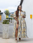 Elegant Women's Maxi Dress with Geometric Pattern and Puff Sleeves