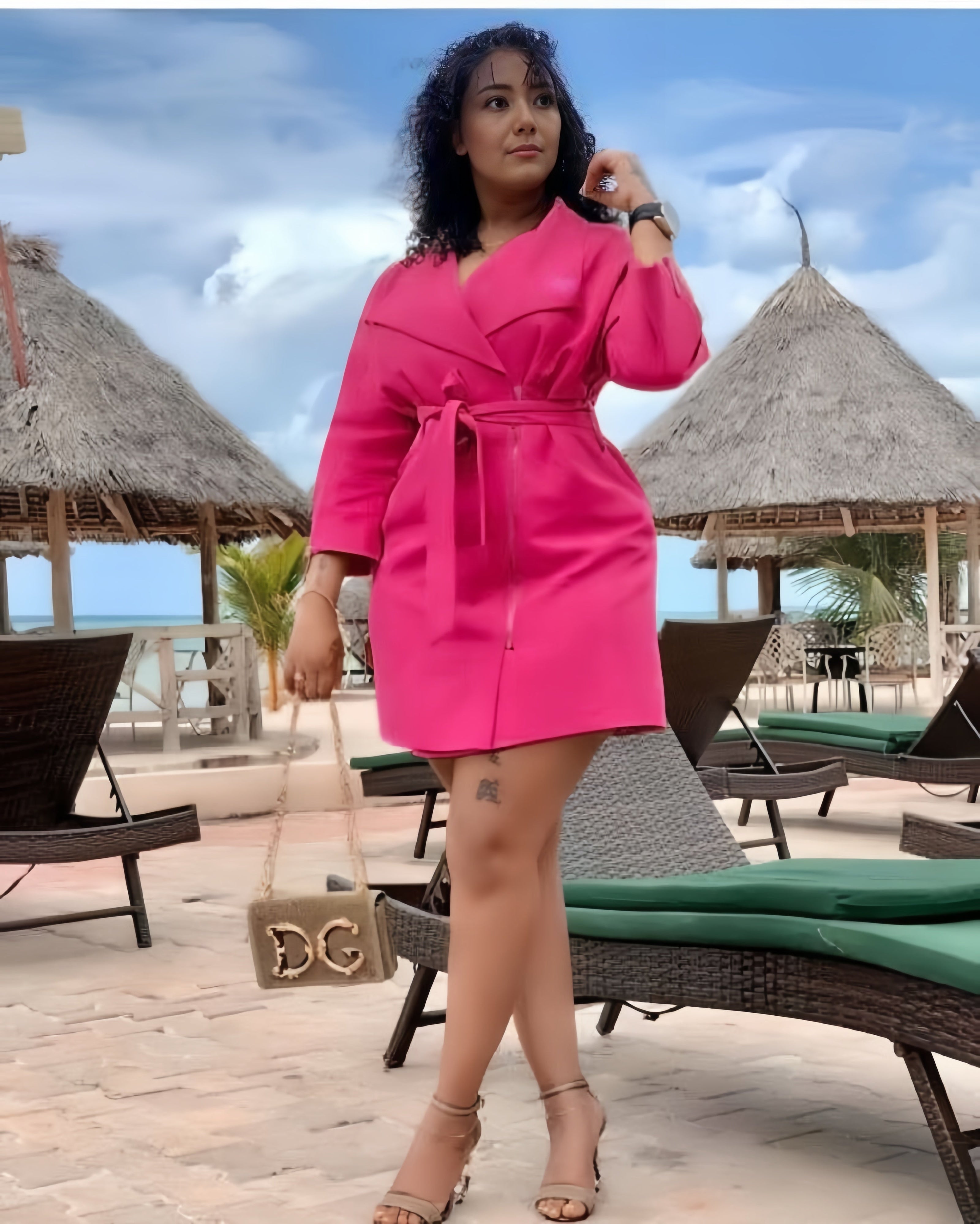 Deep-pink belted wrap trench coat with 3/4 sleeves and front tie