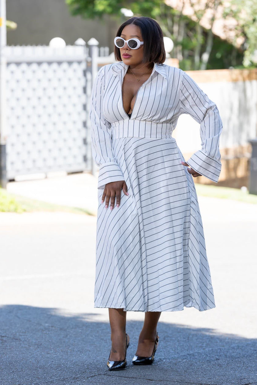 Striped collared midi dress with long sleeves, deep V neckline, A-line skirt