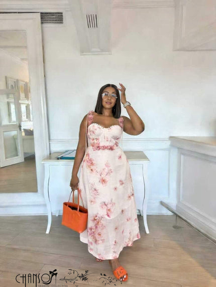 White-and-pink floral spaghetti-strap corset midi dress with seamed bodice