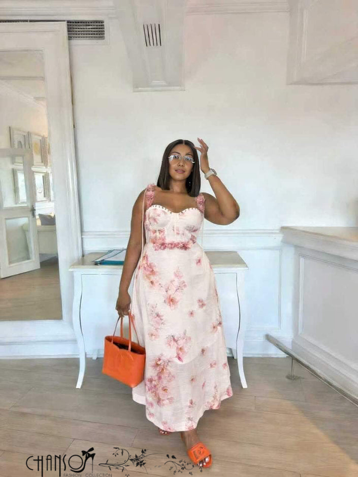 White-and-pink floral spaghetti-strap corset midi dress with seamed bodice