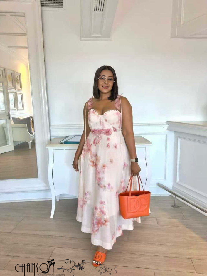 Light pink floral spaghetti-strap corset midi dress with fitted bodice