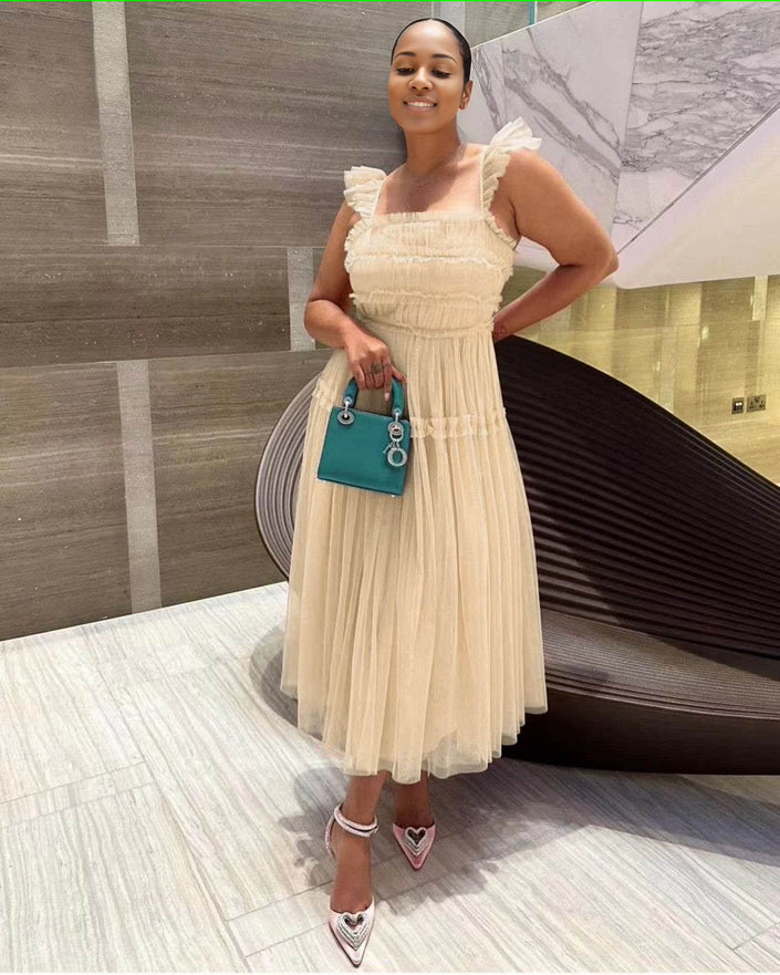 Beige sleeveless tiered ruffle midi dress with square neckline and elastic waist