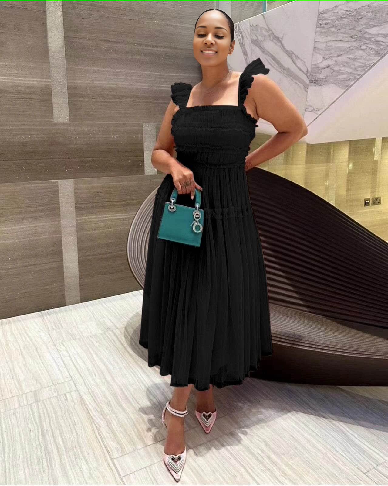 Women's Sleeveless Dress with Tiered Ruffle Skirt and Gathered Bodice