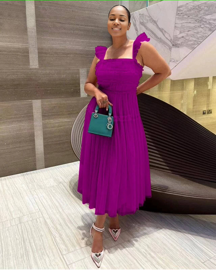 Purple sleeveless tiered ruffle midi dress with ruffle-trim square neckline