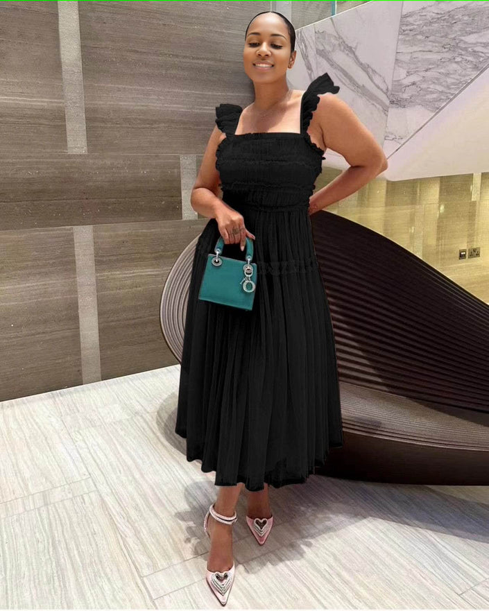 Black sleeveless tiered ruffle midi dress with square neckline and gathered skirt