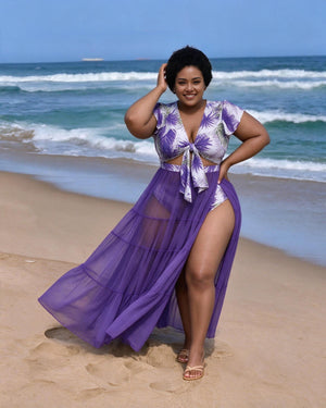 Purple tropical leaf swim set with tie-front top, matching bottoms and sheer tiered maxi skirt