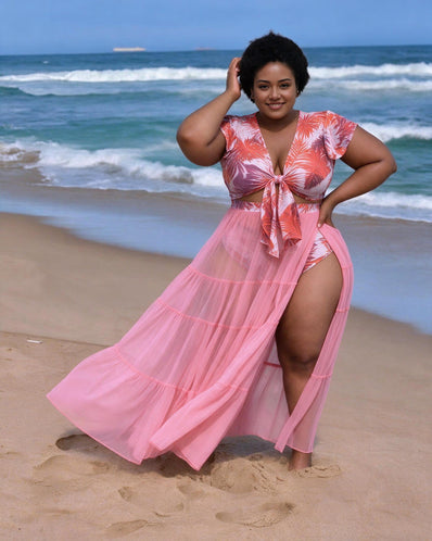 Pink tropical leaf swim set with tie-front top, matching bottoms and sheer tiered maxi skirt