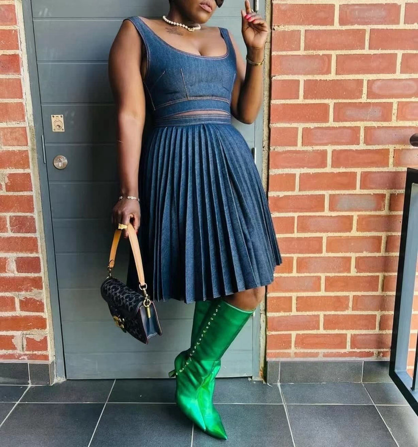 Pleated denim twin set dress with sleeveless bodice and pleated skirt