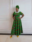 Green floral maxi dress with lace collar, short sleeves and full skirt
