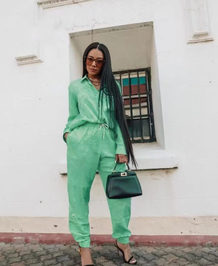 Long-Sleeve Drawstring Waist Twin Sets with Full-Length Pants