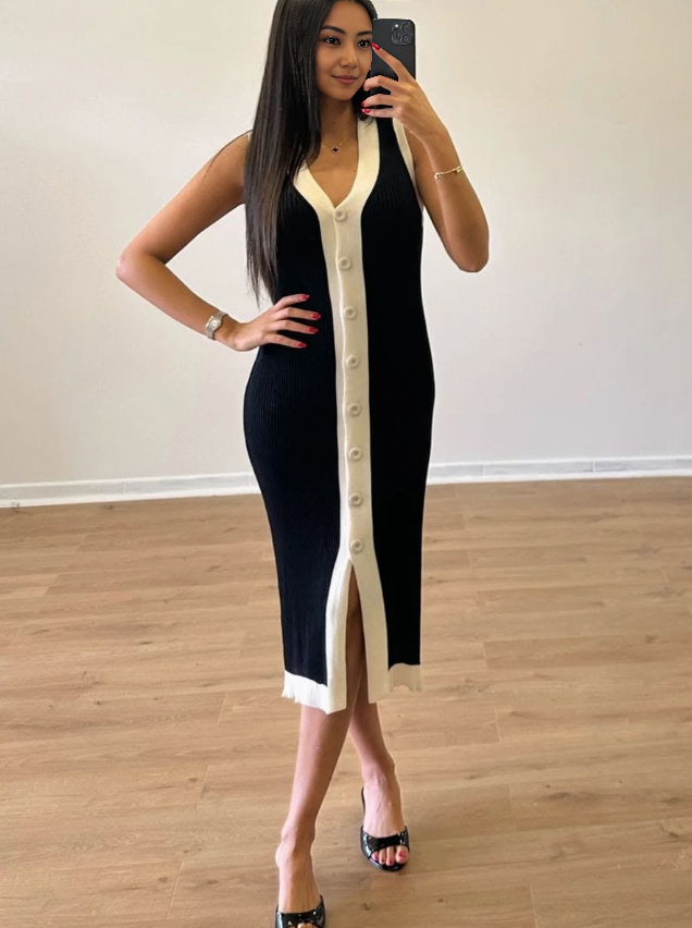 Sleeveless knit midi dress with contrast trim and button front, black with white panels