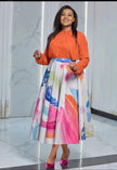 Printed midi skirt and long-sleeve shirt set, orange, watercolor panels