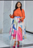 Printed midi skirt and long-sleeve shirt set, orange, watercolor panels