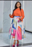 Women's Long Sleeve Shirt + Artistic Print Midi Skirt 2-Piece Set