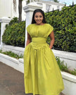 Yellow-green pleated maxi dress with gathered stretch waist, short sleeves
