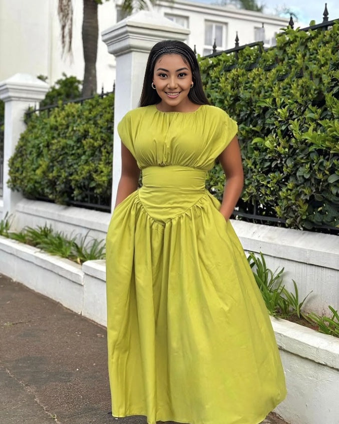 Yellow-green pleated maxi dress with gathered stretch waist, short sleeves