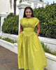 Yellow-green pleated maxi dress with gathered stretch waist, short sleeves