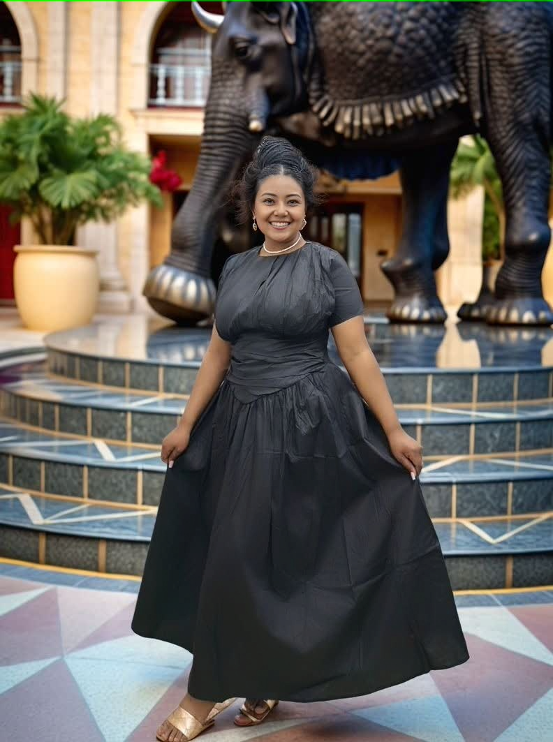 Black pleated maxi dress with ruched stretch waist and short sleeves