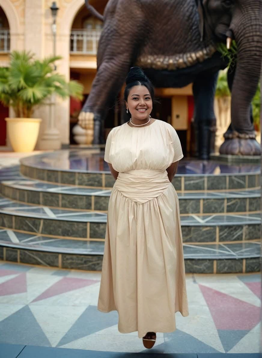 Beige pleated maxi dress with gathered stretch waist and short sleeves