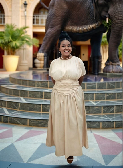 Beige pleated maxi dress with gathered stretch waist and short puff sleeves