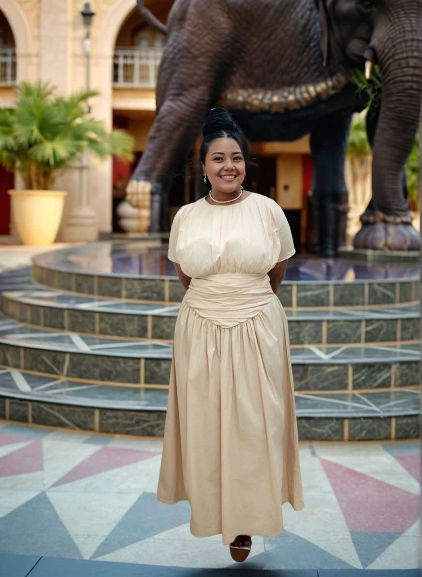 Beige pleated maxi dress with gathered stretch waist and short sleeves