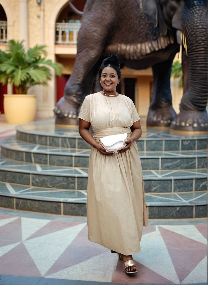 Cream pleated maxi dress with gathered stretch waist and short sleeves