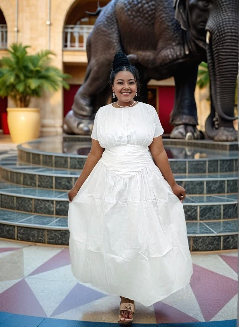 White pleated maxi dress with ruched stretch waist and short sleeves