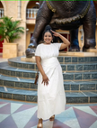 White pleated maxi dress with gathered stretch waist, short sleeves