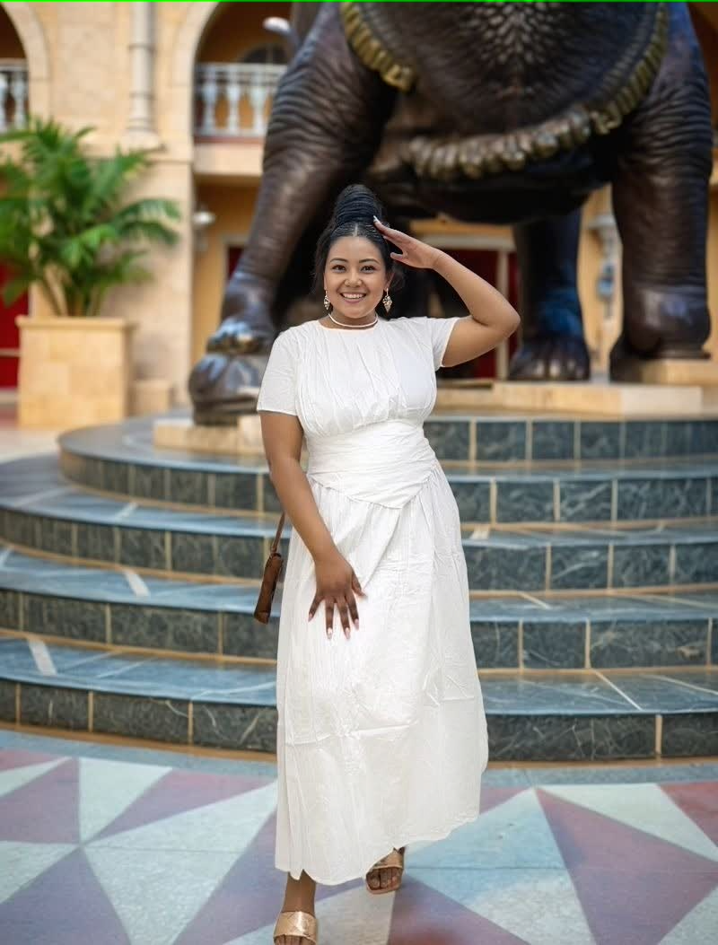 White pleated maxi dress with gathered stretch waist, short sleeves
